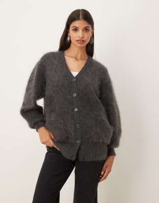 ASOS DESIGN - Boyfriend-Strickjacke aus hochwertigem Mohair in Anthrazit-Grau