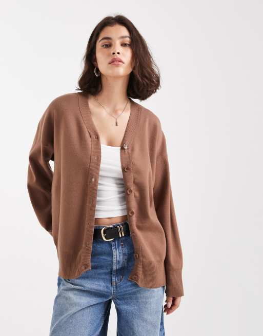 ASOS DESIGN – Boyfriend-Strickjacke in Schokobraun mit doppelter Knopfleiste