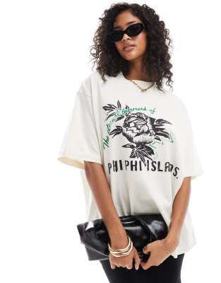 ASOS DESIGN - Boyfriend-T-Shirt in Creme mit „Phi Phi Islands"-Grafikprint-Weiß