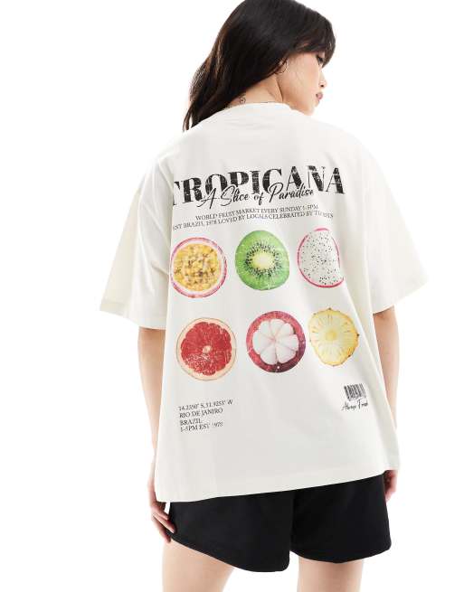 ASOS DESIGN – Boyfriend-T-Shirt in Creme mit „Tropicana“-Grafikprint hinten