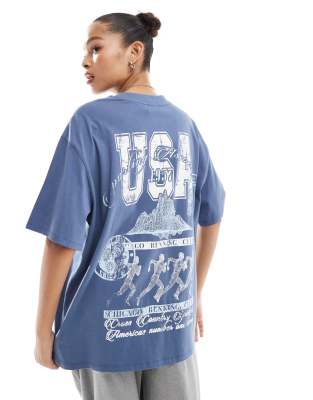 ASOS DESIGN - Boyfriend-T-Shirt in Marineblau mit „USA Running"-Grafikprint