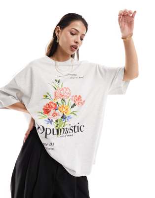 ASOS DESIGN - Boyfriend-T-Shirt in meliertem Eisgrau mit botanischem „Optimistic"-Grafikprint