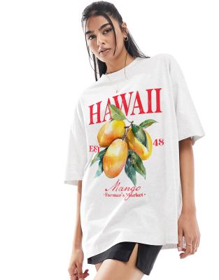 ASOS DESIGN - Boyfriend-T-Shirt in meliertem Eisgrau mit Hawaii-Obst-Grafik