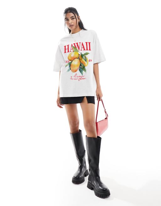 ASOS DESIGN – Boyfriend-T-Shirt in meliertem Eisgrau mit Hawaii-Obst-Grafik, 3 von 3