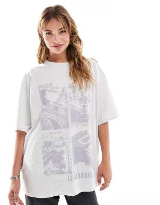 ASOS DESIGN - Boyfriend-T-Shirt in meliertem Eisgrau mit Paris-Fotoprint