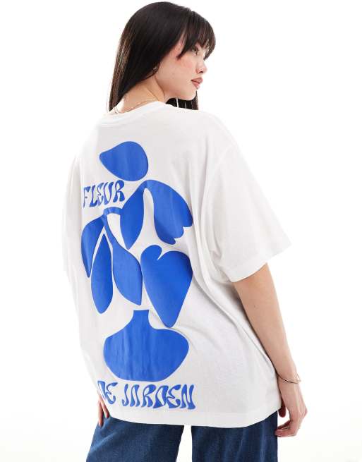 ASOS DESIGN – Boyfriend-T-Shirt in strukturiertem Weiß mit „Fleur de Jardin”-Grafik
