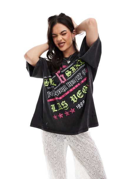 ASOS DESIGN – Boyfriend-T-Shirt in verwaschenem Anthrazit mit „Las Vegas“-Grafikprint Rosa und Grün - view 1