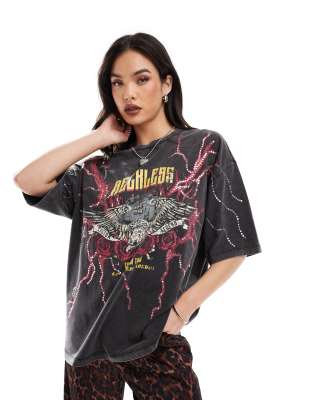 ASOS DESIGN - Boyfriend-T-Shirt in verwaschenem Anthrazit mit „Red Rock"-Grafik mit Pailletten-Schwarz