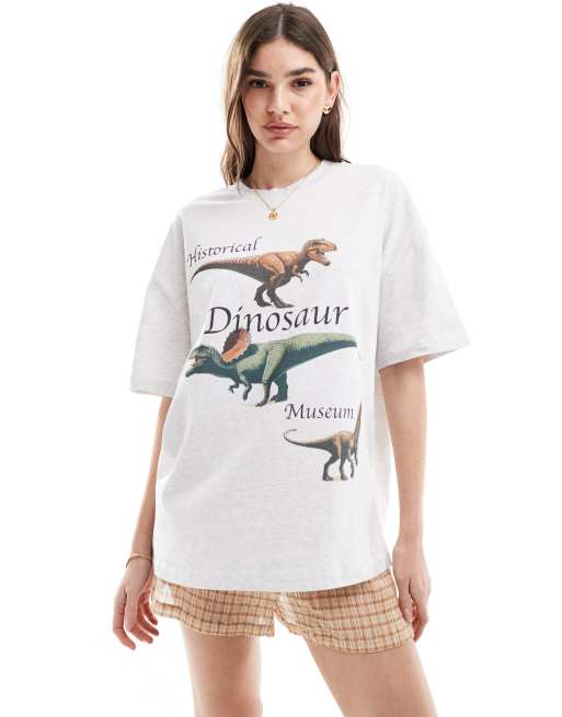 ASOS DESIGN - Boyfriend T-shirt met dinosaurussenprint in gemêleerd ijsgrijs