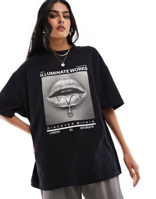 ASOS DESIGN boyfriend t-shirt with silver lips graphic in black
