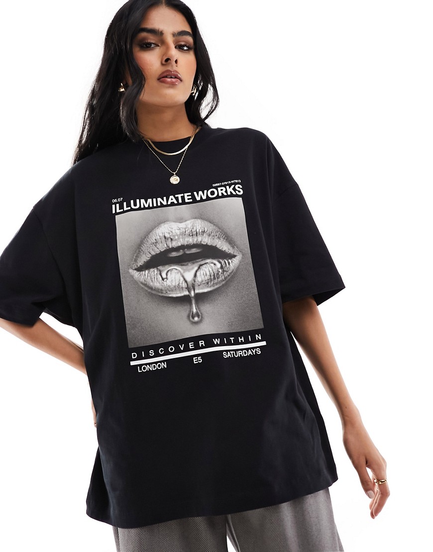 ASOS DESIGN boyfriend t-shirt with silver lips graphic in black