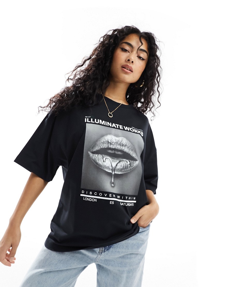 Asos Design Boyfriend T-shirt With Silver Lips Graphic In Black
