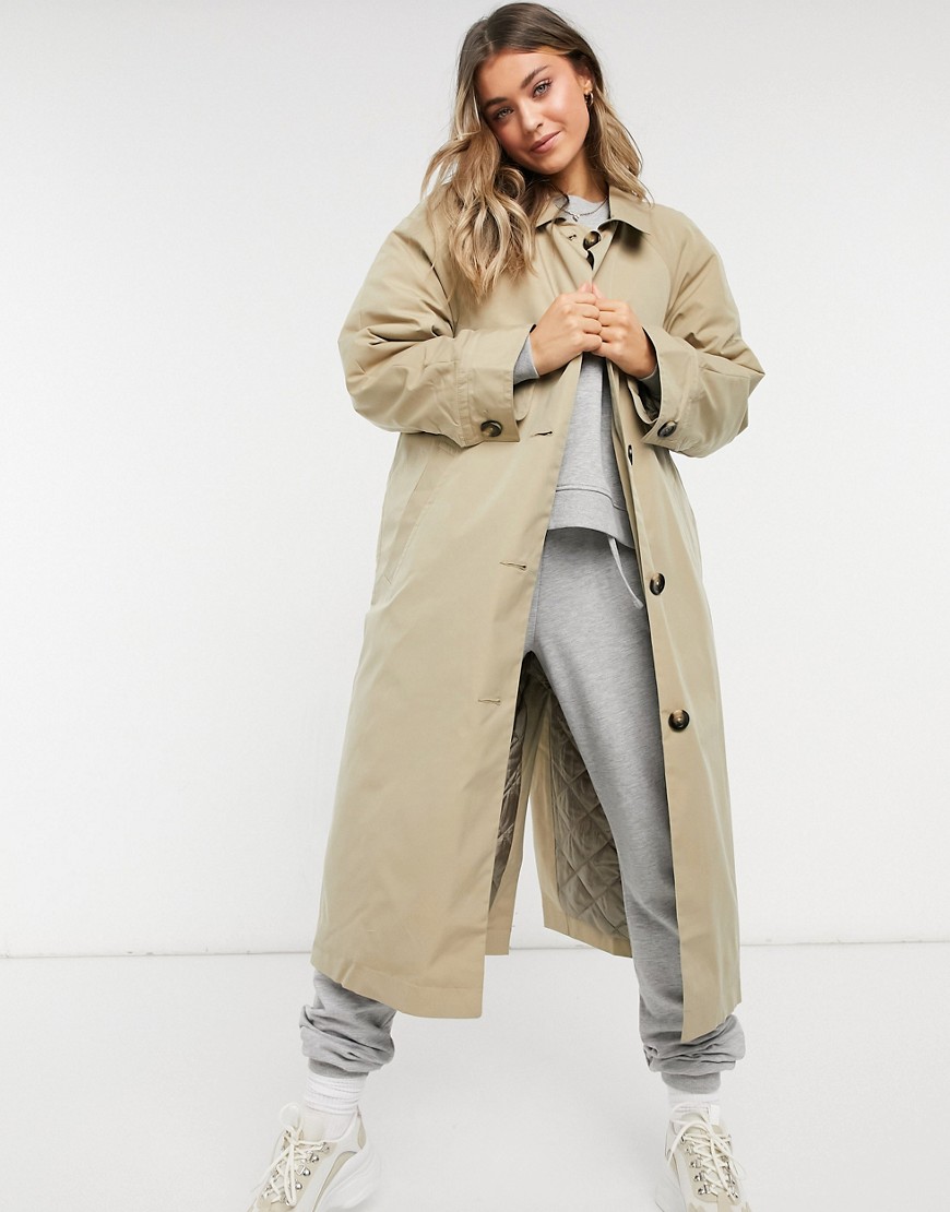 ASOS DESIGN boyfriend trench with quilted liner in stone-Neutral