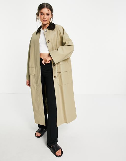 ASOS DESIGN - Boyfriend trenchcoat met corduroy kraag in kiezelkleur