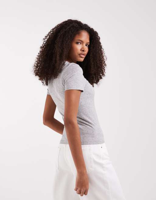 ASOS DESIGN bra-free seamless rib crew neck baby tee in grey marl, 4 of 4