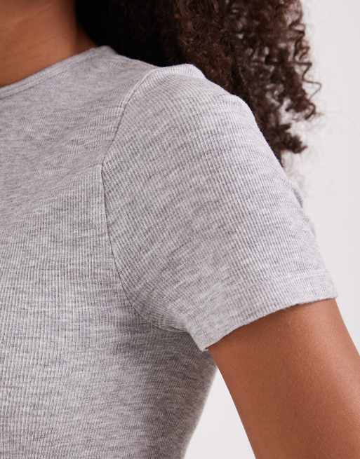 ASOS DESIGN bra free seamless rib knit crew neck baby tee in heather gray, 3 of 4
