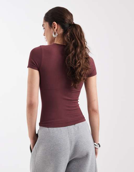 ASOS DESIGN bra free seamless rib knit crew neck baby tee in rust, 4 of 4