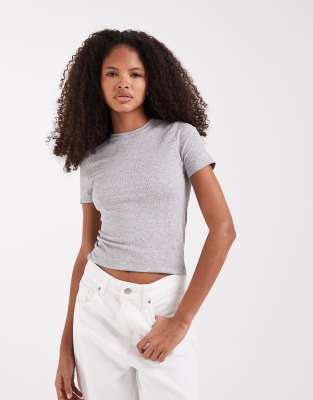 Asos Design Bra Free Seamless Ribbed Crew Neck Shrunken Tee In Gray