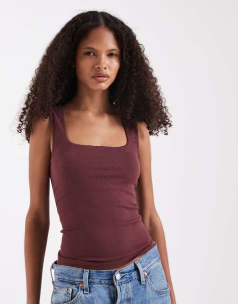 ASOS DESIGN bra free seamless rib&nbsp;square neck vest in rust - view 1