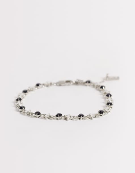 ASOS DESIGN - Bracciale argentato con pietra nera e catena a croce - view 1