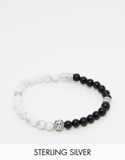 ASOS DESIGN - Bracciale con perline monocromatiche, pietre semipreziose e perlina con testa di leone in argento sterling 
