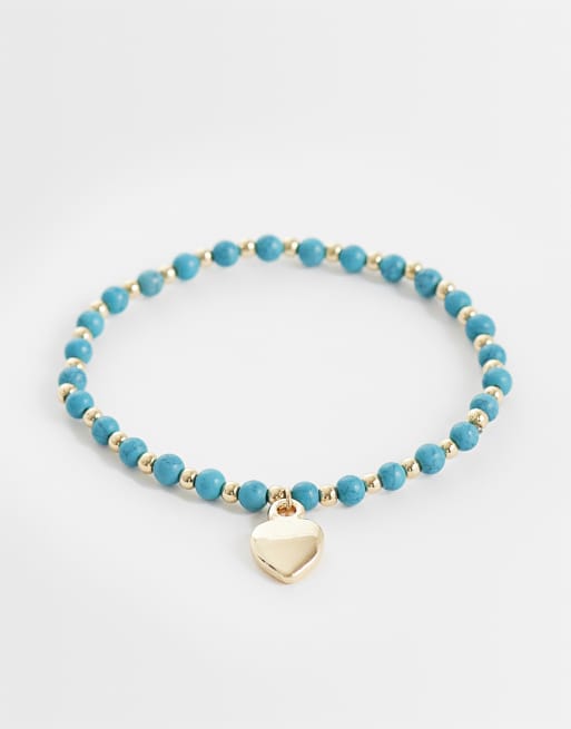ASOS DESIGN bracciale con perline turchesi e pendente a cuore color oro