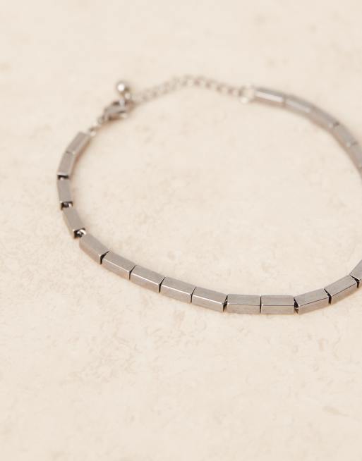 ASOS DESIGN - Bracciale da festival color argento con perline rettangolari in metallo inossidabile resistente all'acqua 