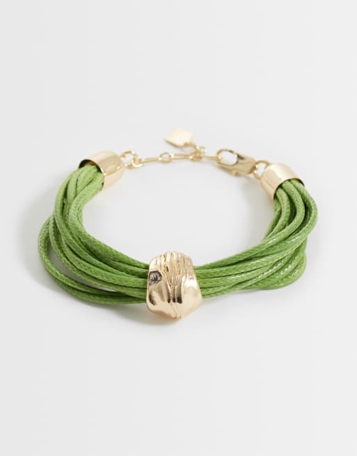ASOS DESIGN - Bracciale in corda verde con perline color oro