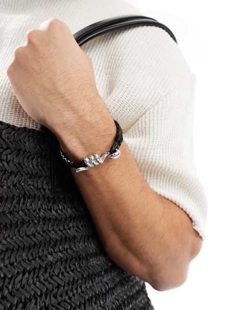 ASOS DESIGN - Bracciale in pelle sintetica effetto corda nero con chiusura a serpente - view 1