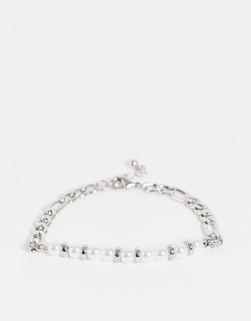 ASOS DESIGN - Bracelet avec perles synthétiques blanches et chaîne à maillons figaro - Argenté