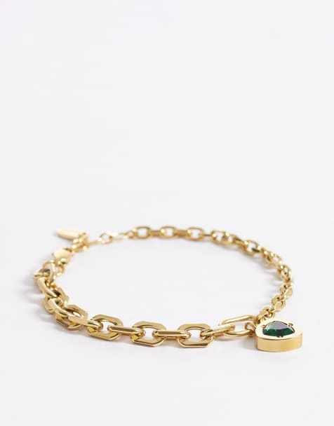 ASOS DESIGN - Bracelet en acier inoxydable étanche avec charm à pierre verte - Doré - view 1