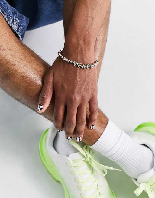 ASOS DESIGN - Bracelet en métal avec perles et inscription « PEACE » - Argenté