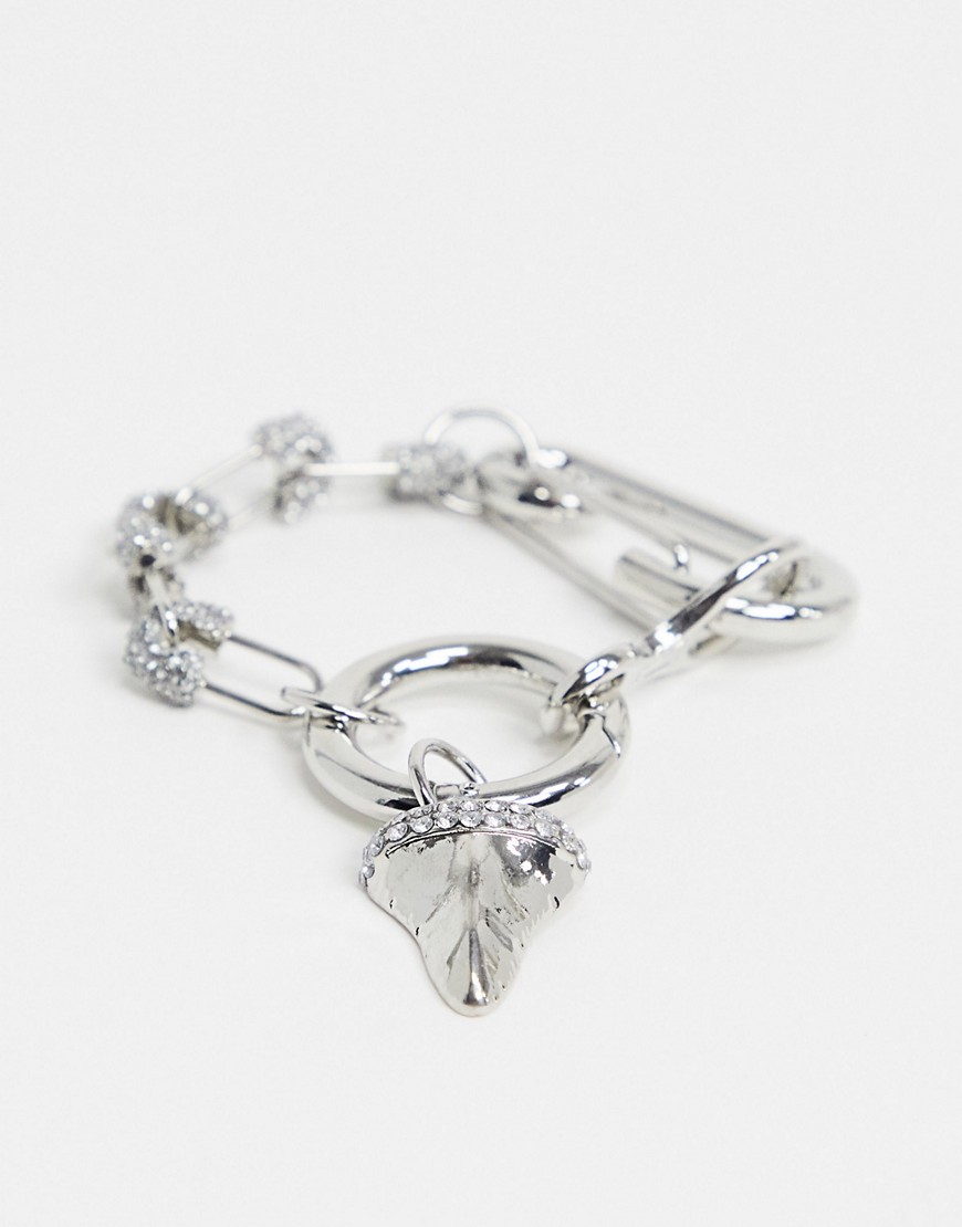 ASOS DESIGN bracelet in safety pin chain with hardware clasp and shark tooth in silver tone