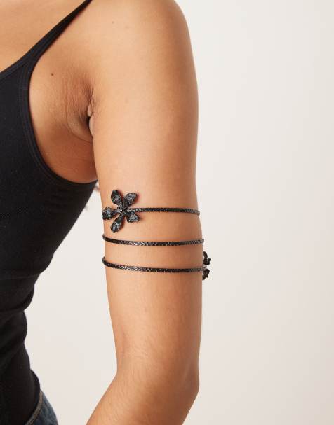 ASOS DESIGN - Bracelet manchette avec fleurs - Anthracite foncé - view 1