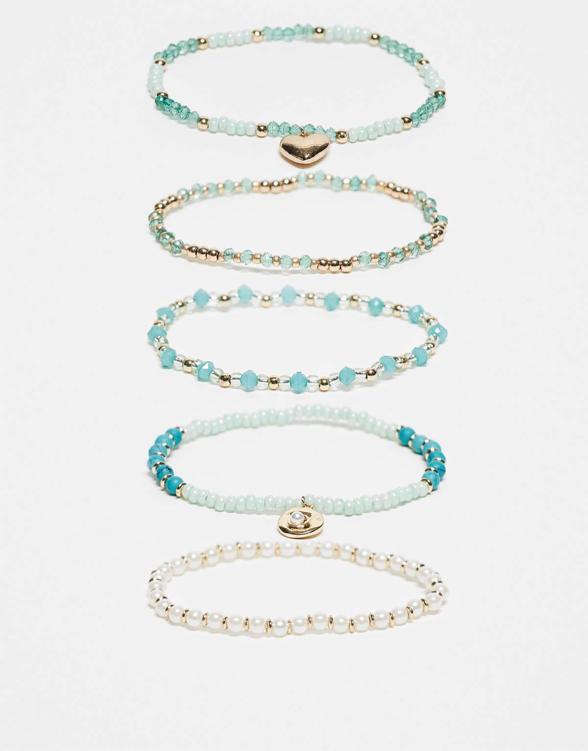 ASOS DESIGN bracelet multipack of blue beads and faux pearls in gold tone