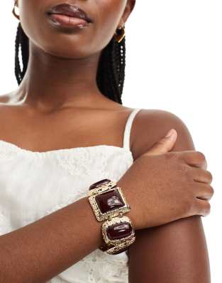 ASOS DESIGN - Bracelet orné de grosses pierres bordeaux - Doré