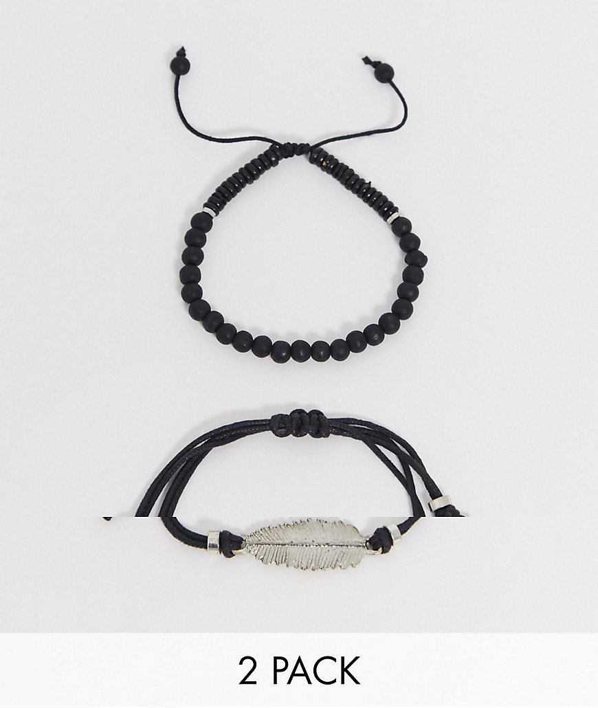 ASOS DESIGN bracelet pack in black with beads and feather