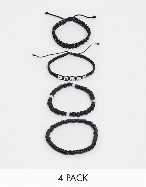ASOS DESIGN bracelet pack with beads and positive message in black