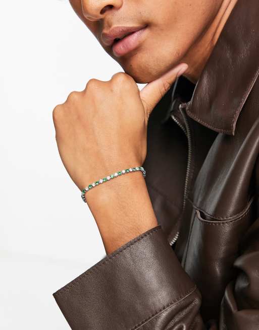 ASOS DESIGN - Bracelet serti en acier inoxydable avec strass verts et blancs - Argenté