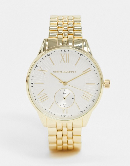 ASOS DESIGN bracelet watch with roman numerals in gold tone