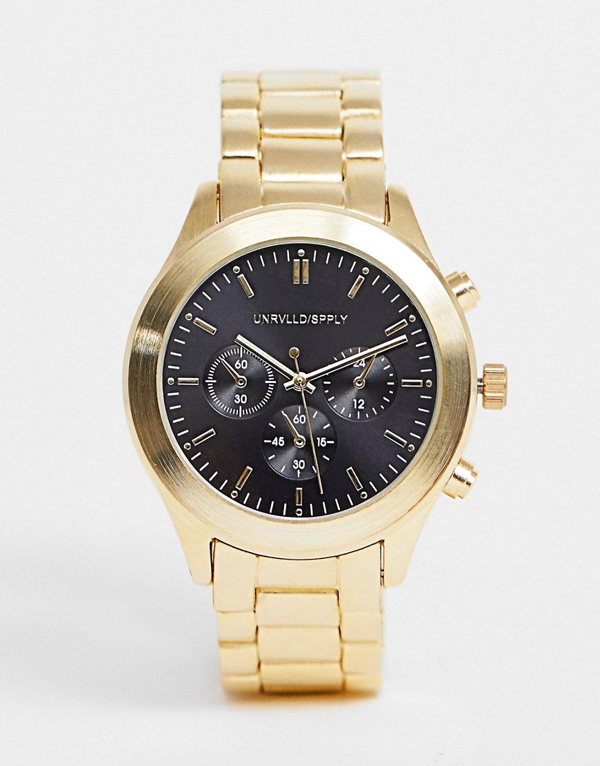 ASOS DESIGN bracelet watch with black dial in gold tone