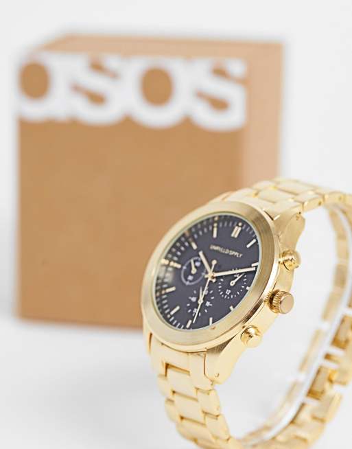 ASOS DESIGN bracelet watch with black dial in gold tone