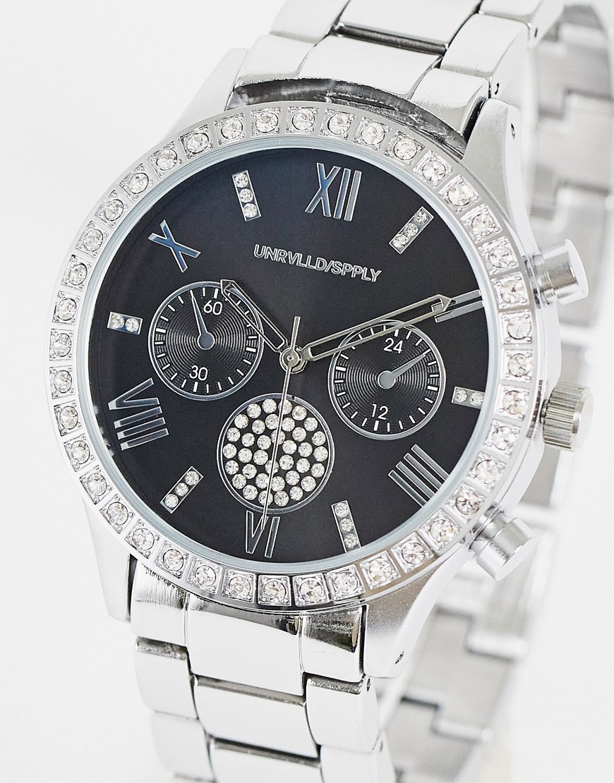 ASOS DESIGN bracelet watch with black face and crystals in silver tone