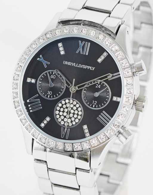 ASOS DESIGN bracelet watch with black face and crystals in silver