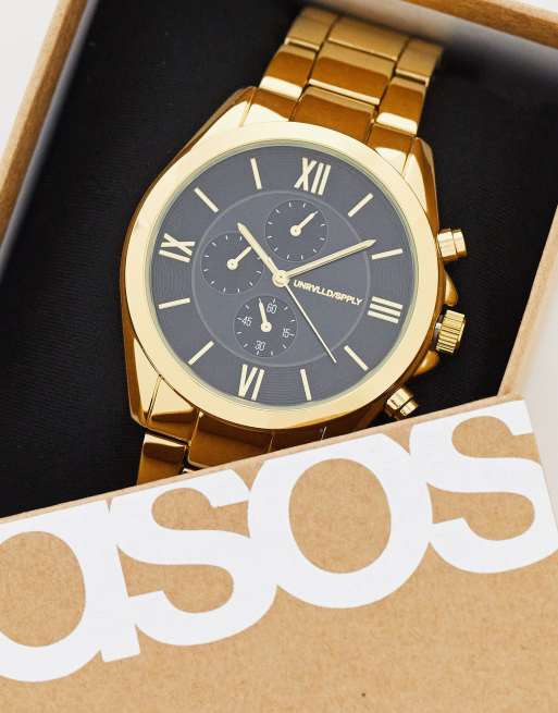 ASOS DESIGN bracelet watch with black face in gold tone