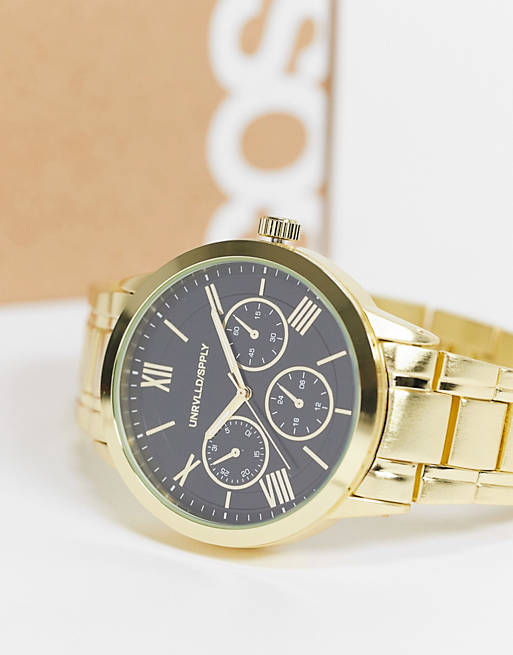 ASOS DESIGN bracelet watch with black face in gold tone