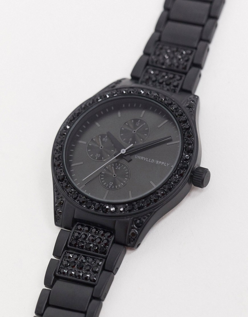 ASOS DESIGN bracelet watch with crystal detail in black-Silver