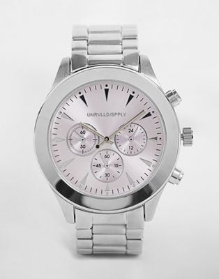 ASOS DESIGN bracelet watch with lilac face in silver tone