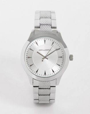 ASOS DESIGN bracelet watch with strap detail in silver with gunmetal face with line detail texture - ASOS Price Checker