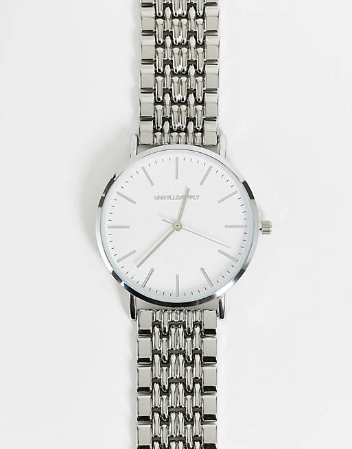 ASOS DESIGN bracelet watch with white face in shiny silver tone